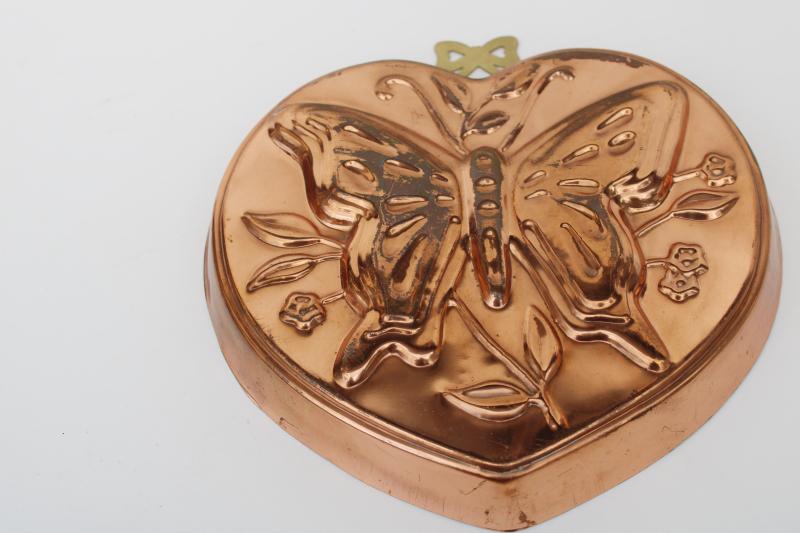 photo of vintage copper mold, butterfly & flowers heart shape kitchen wall hanging #1