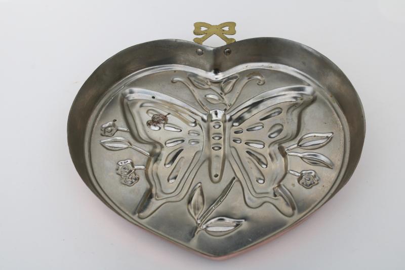 photo of vintage copper mold, butterfly & flowers heart shape kitchen wall hanging #5