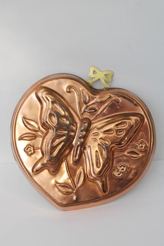 photo of vintage copper mold, butterfly & flowers heart shape kitchen wall hanging #7
