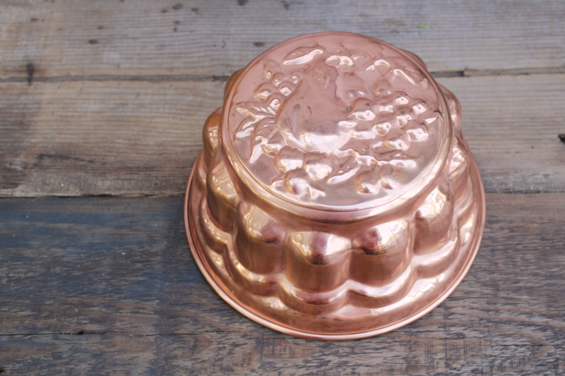 photo of vintage copper mold, tall fluted round mold w/ fruit pattern #2