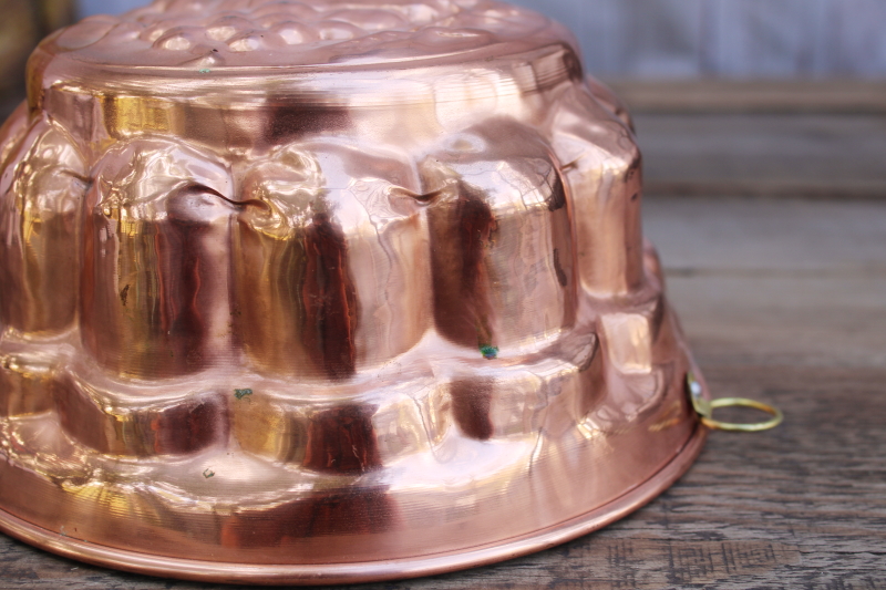 photo of vintage copper mold, tall fluted round mold w/ fruit pattern #3