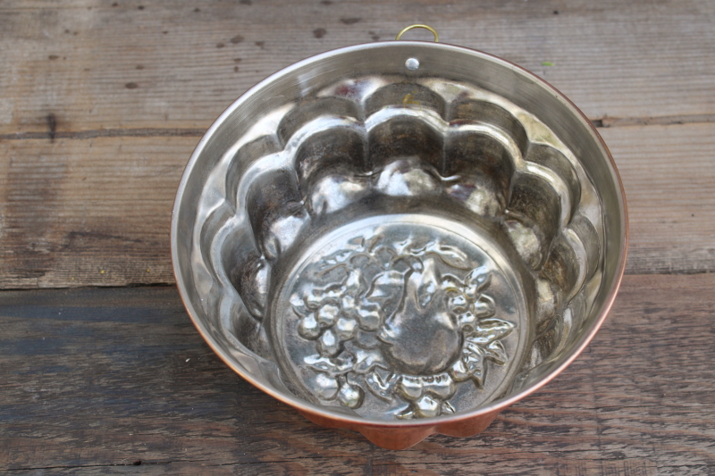 photo of vintage copper mold, tall fluted round mold w/ fruit pattern #4