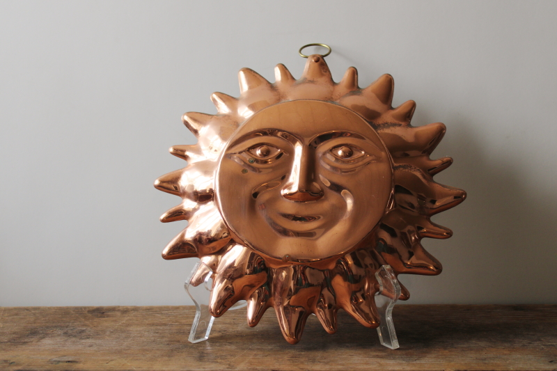 photo of vintage copper mold wall hanging celestial sun face, nature magic decor #1