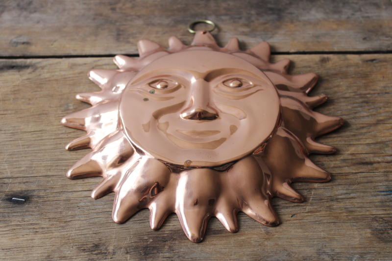 photo of vintage copper mold wall hanging celestial sun face, nature magic decor  #4