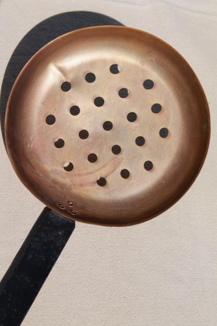 photo of vintage copper pans, dipper, skimmer spoon w/ wrought iron handles for hanging display #2