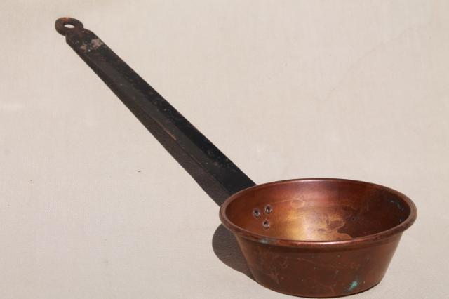 photo of vintage copper pans, dipper, skimmer spoon w/ wrought iron handles for hanging display #3