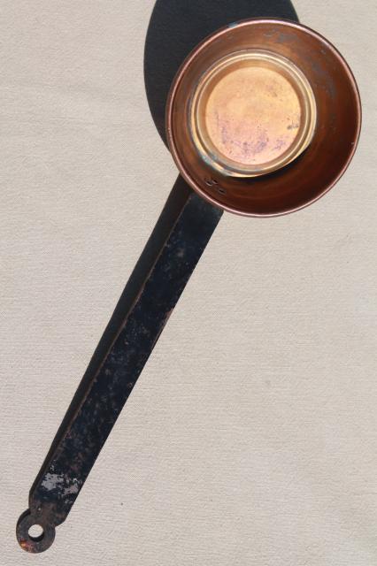 photo of vintage copper pans, dipper, skimmer spoon w/ wrought iron handles for hanging display #4