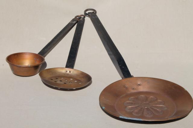 photo of vintage copper pans, dipper, skimmer spoon w/ wrought iron handles for hanging display #6