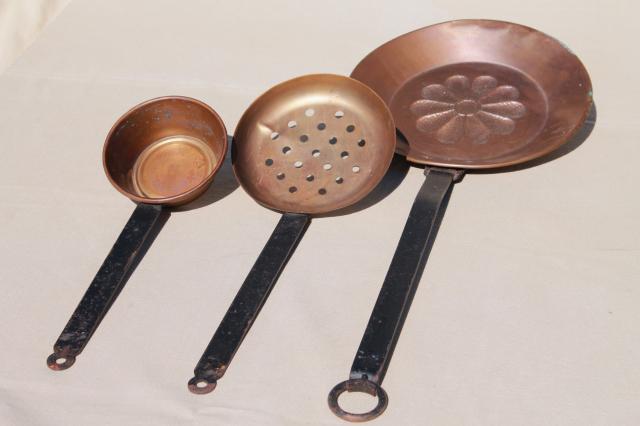 photo of vintage copper pans, dipper, skimmer spoon w/ wrought iron handles for hanging display #7