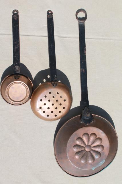 photo of vintage copper pans, dipper, skimmer spoon w/ wrought iron handles for hanging display #8