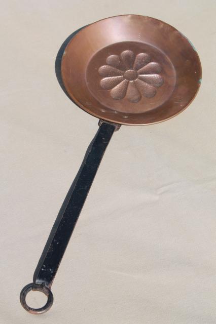 photo of vintage copper pans, dipper, skimmer spoon w/ wrought iron handles for hanging display #9