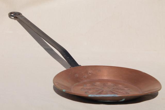 photo of vintage copper pans, dipper, skimmer spoon w/ wrought iron handles for hanging display #10