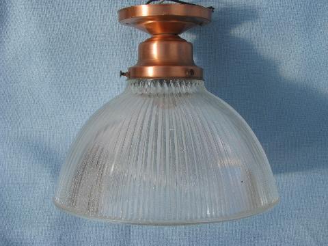 photo of vintage copper plate ceiling light fixture w/ prismatic ribbed glass shade #1