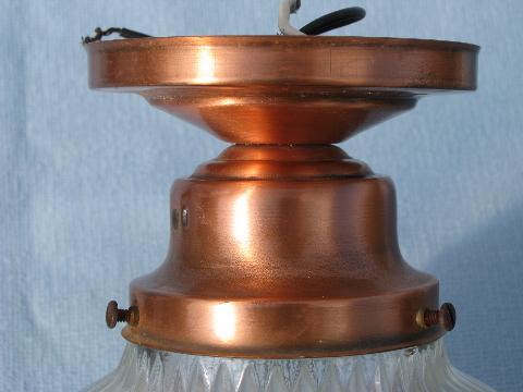 photo of vintage copper plate ceiling light fixture w/ prismatic ribbed glass shade #3