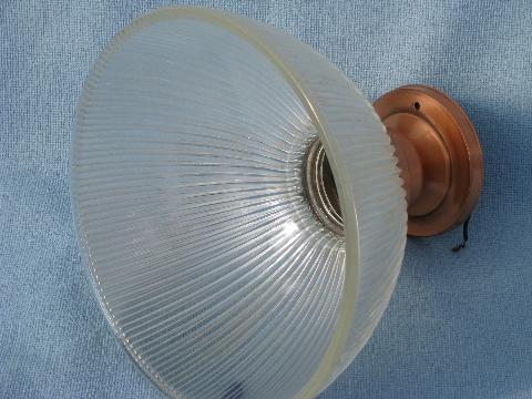 photo of vintage copper plate ceiling light fixture w/ prismatic ribbed glass shade #4