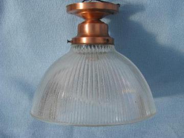 catalog photo of vintage copper plate ceiling light fixture w/ prismatic ribbed glass shade