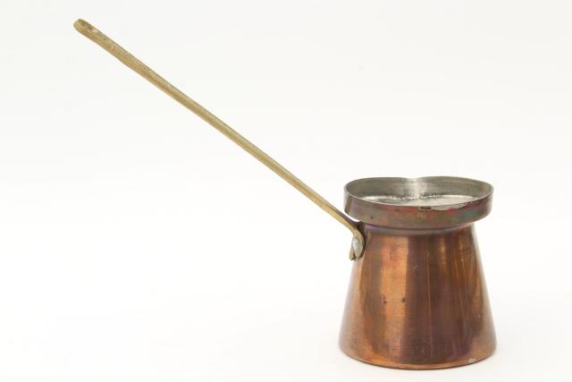 photo of vintage copper pourer w/ long brass handle, Turkish coffee pot or flambe pitcher #5