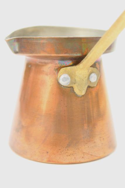 photo of vintage copper pourer w/ long brass handle, Turkish coffee pot or flambe pitcher #8