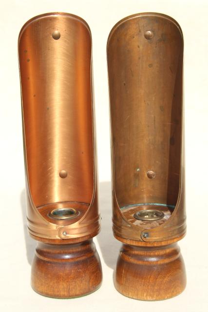 photo of vintage copper reflector candle holders, lantern wind screen candlesticks w/ handles #5