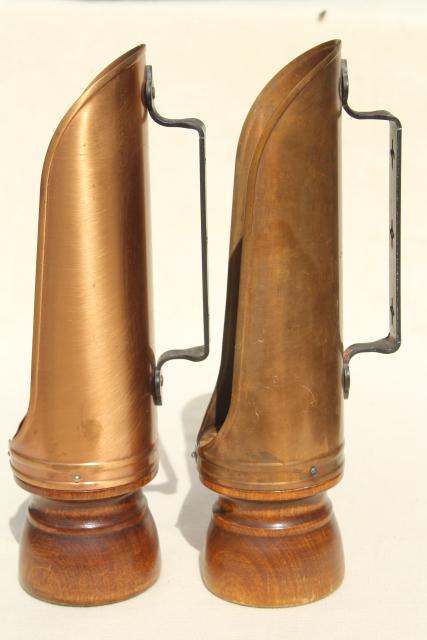 photo of vintage copper reflector candle holders, lantern wind screen candlesticks w/ handles #6