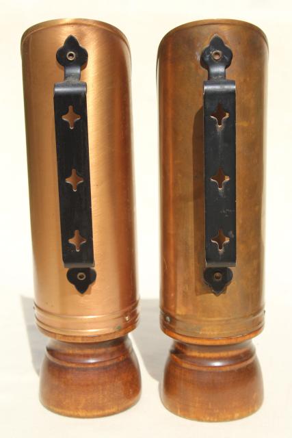 photo of vintage copper reflector candle holders, lantern wind screen candlesticks w/ handles #7