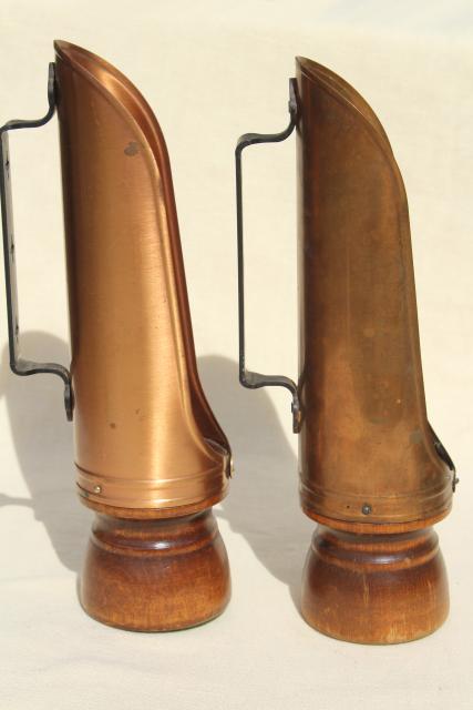 photo of vintage copper reflector candle holders, lantern wind screen candlesticks w/ handles #8