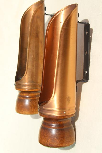 photo of vintage copper reflector candle holders, lantern wind screen candlesticks w/ handles #12