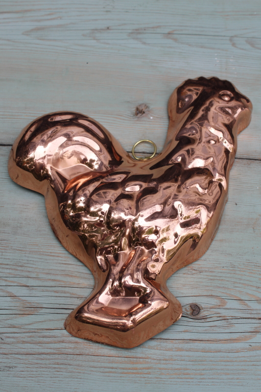 photo of vintage copper rooster chicken mold, french country farmhouse kitchen wall hanging jello mold #1