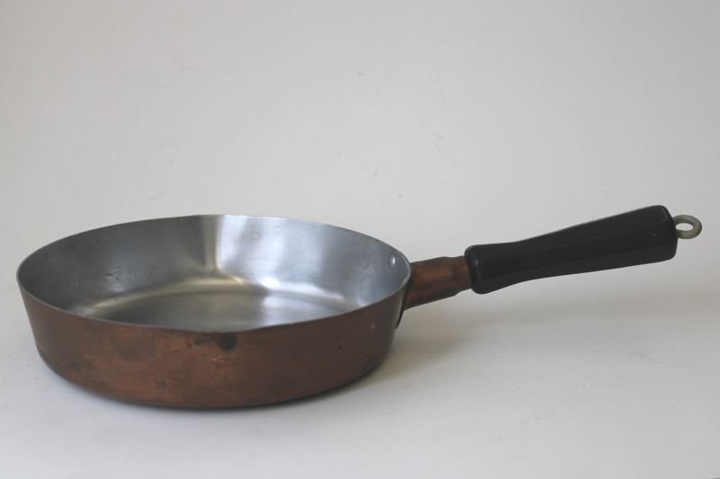 photo of vintage copper saucepan, Revere solid copper Rome NY mark pan very tarnished #1