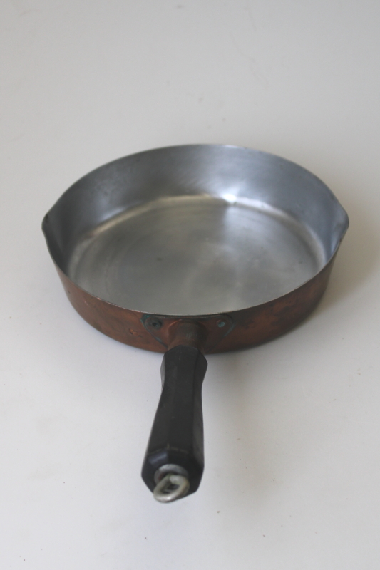 photo of vintage copper saucepan, Revere solid copper Rome NY mark pan very tarnished #3