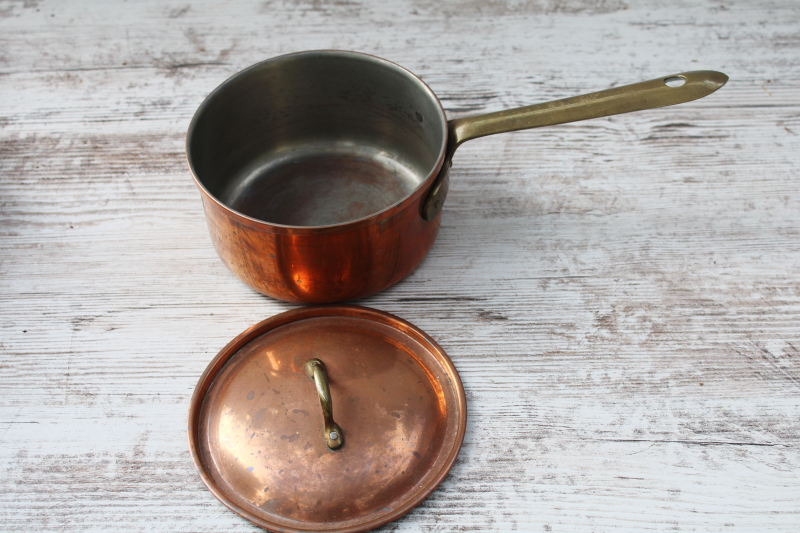 photo of vintage copper saucepan w/ brass handle, one pint pan and lid made in Portugal  #2