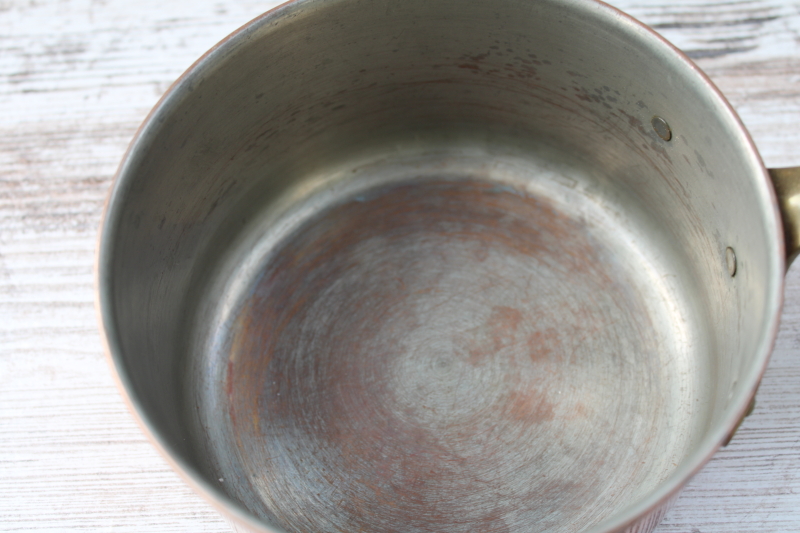 photo of vintage copper saucepan w/ brass handle, one pint pan and lid made in Portugal  #3