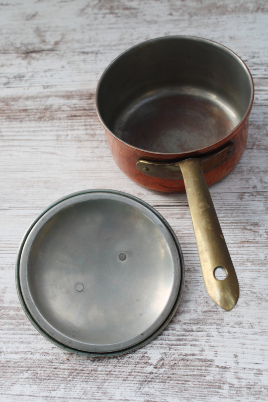 photo of vintage copper saucepan w/ brass handle, one pint pan and lid made in Portugal  #4