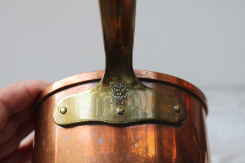 photo of vintage copper saucepan w/ brass handle, one pint pan and lid made in Portugal  #5