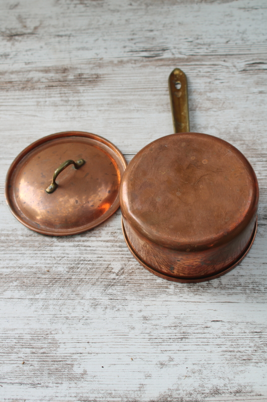 photo of vintage copper saucepan w/ brass handle, one pint pan and lid made in Portugal  #6