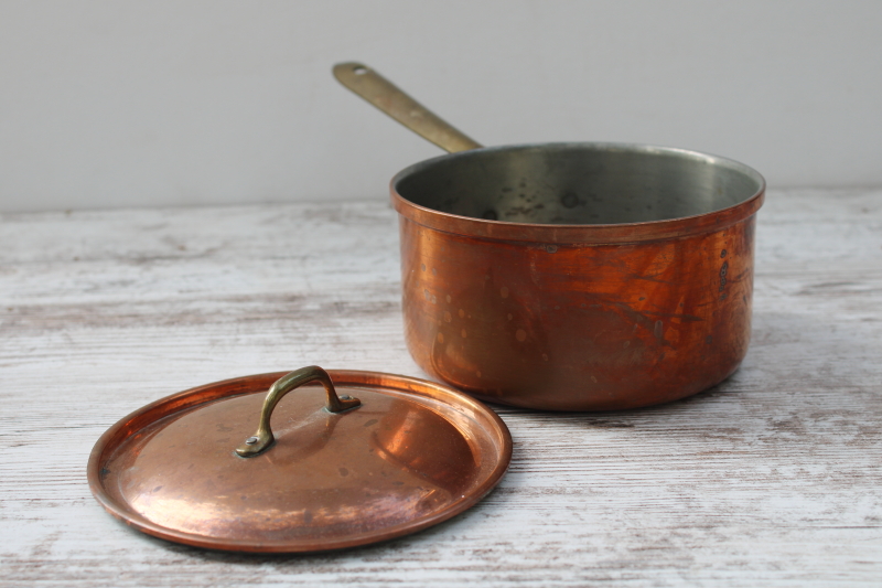 photo of vintage copper saucepan w/ brass handle, one pint pan and lid made in Portugal  #7