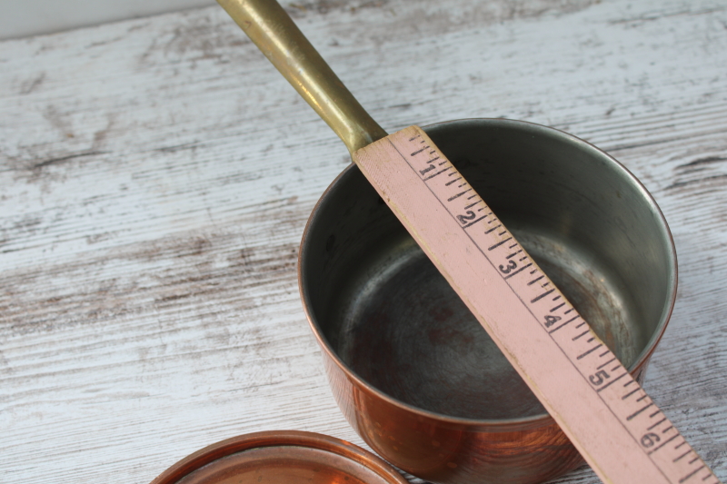 photo of vintage copper saucepan w/ brass handle, one pint pan and lid made in Portugal  #8