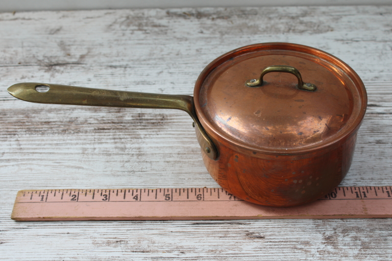 photo of vintage copper saucepan w/ brass handle, one pint pan and lid made in Portugal  #9