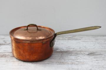 catalog photo of vintage copper saucepan w/ brass handle, one pint pan and lid made in Portugal 