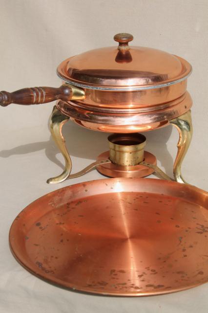 photo of vintage copper serving tray & chafing dish set, warming stand w/ bain marie water bath #5