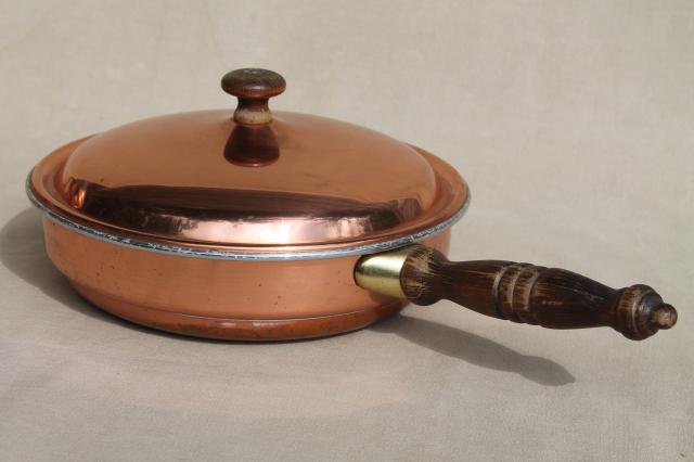 photo of vintage copper serving tray & chafing dish set, warming stand w/ bain marie water bath #6