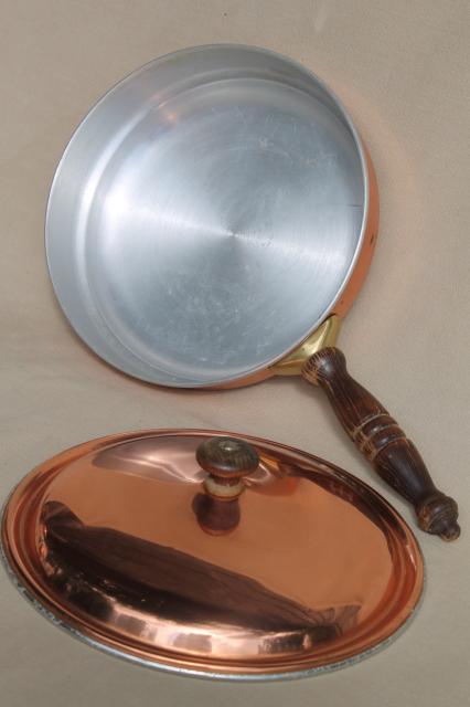 photo of vintage copper serving tray & chafing dish set, warming stand w/ bain marie water bath #7