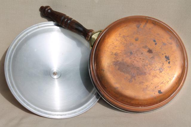 photo of vintage copper serving tray & chafing dish set, warming stand w/ bain marie water bath #8