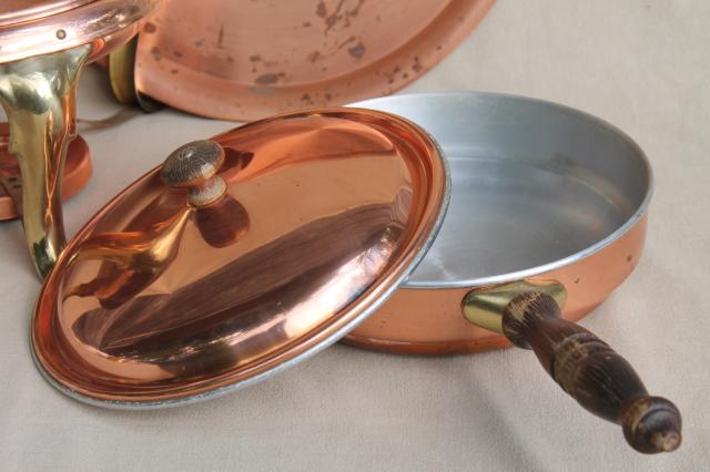 photo of vintage copper serving tray & chafing dish set, warming stand w/ bain marie water bath #9