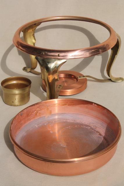 photo of vintage copper serving tray & chafing dish set, warming stand w/ bain marie water bath #10