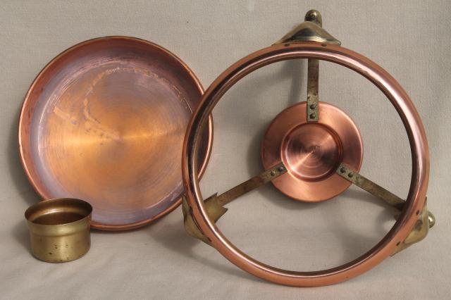 photo of vintage copper serving tray & chafing dish set, warming stand w/ bain marie water bath #11