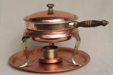 catalog photo of vintage copper serving tray & chafing dish set, warming stand w/ bain marie water bath