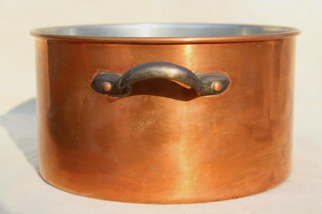 photo of vintage copper stockpot w/ brass handles, big deep soup pot 3 qt size #3