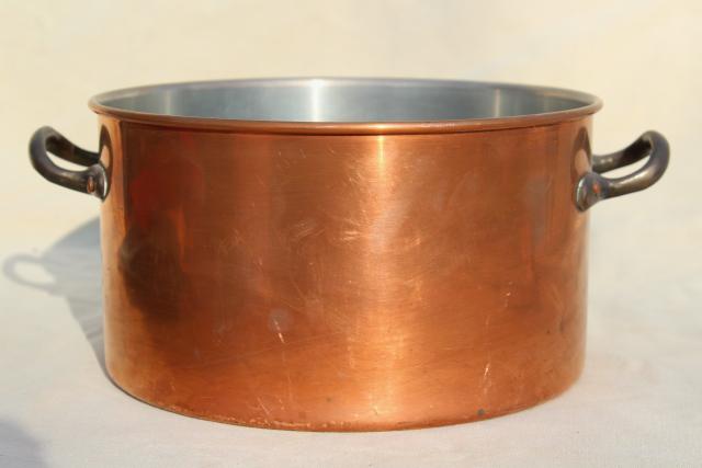 photo of vintage copper stockpot w/ brass handles, big deep soup pot 3 qt size #4