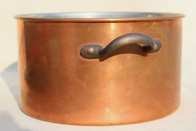 photo of vintage copper stockpot w/ brass handles, big deep soup pot 3 qt size #5